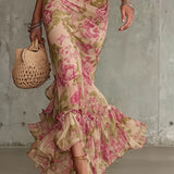Jill - Vintage Rose Print Puff Sleeve Maxi Dress