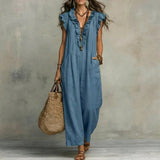 Hazel | Long Linen-Textured Dress with V-Neck and Ruffles