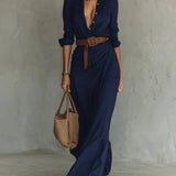 Women Ruched Maxi Shirt Dress Belted Long Sleeve Button Front