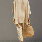 Caroline - Light Khaki Asymmetrical Minimalist Top and Jogger Pants Set
