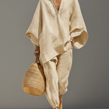Caroline - Light Khaki Asymmetrical Minimalist Top and Jogger Pants Set