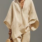 Caroline - Light Khaki Asymmetrical Minimalist Top and Jogger Pants Set