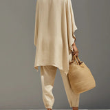 Caroline - Light Khaki Asymmetrical Minimalist Top and Jogger Pants Set