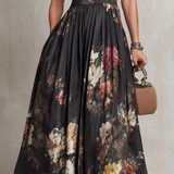 Rosie - Black Keyhole Collar Floral Pleated Satin Midi Dress