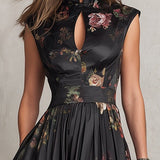 Rosie - Black Keyhole Collar Floral Pleated Satin Midi Dress