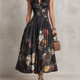 Rosie - Black Keyhole Collar Floral Pleated Satin Midi Dress