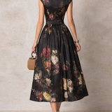 Rosie - Black Keyhole Collar Floral Pleated Satin Midi Dress