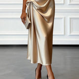 Caille - Champagne Satin One-shoulder Sleeveless Ruffled Midi Dress