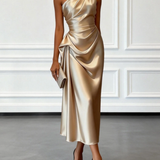Caille - Champagne Satin One-shoulder Sleeveless Ruffled Midi Dress