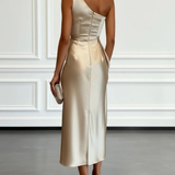 Caille - Champagne Satin One-shoulder Sleeveless Ruffled Midi Dress