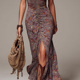 Roimata | Grayish-purple Pleated Floral Print Slit Maxi Dress