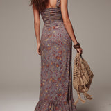 Roimata | Grayish-purple Pleated Floral Print Slit Maxi Dress