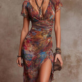 ANDREA - Boho Ruched Midi Dress