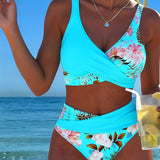 Bikini with Contrasting Floral Pattern and Split