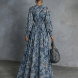 Grace - Bohemian Style Blue Floral Print Chiffon Maxi Dress