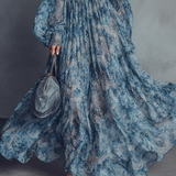 Grace - Bohemian Style Blue Floral Print Chiffon Maxi Dress