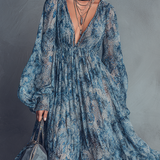 Grace - Bohemian Style Blue Floral Print Chiffon Maxi Dress