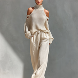 Thalia - Beige Knit Off-Shoulder Turtleneck Top & Wide Leg Pants Set