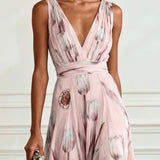 Nerea  - Elegant Tulip Print V-neck Maxi Dress