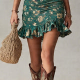 Ava - Bohemian Green Printed Ruffled Mini Dress