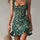 Ava - Bohemian Green Printed Ruffled Mini Dress