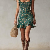 Ava - Bohemian Green Printed Ruffled Mini Dress